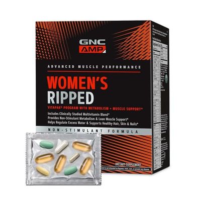 GNC AMP Women s Ripped Non-Stim Vitapak Program, 5 Products in 1 Vitamin Pack, Metabolism Lean Muscle, Water Shedding, Proven Ingredients, CLA, Biotin, Multivitamin, Caffeine Free, 30-Day Supply
