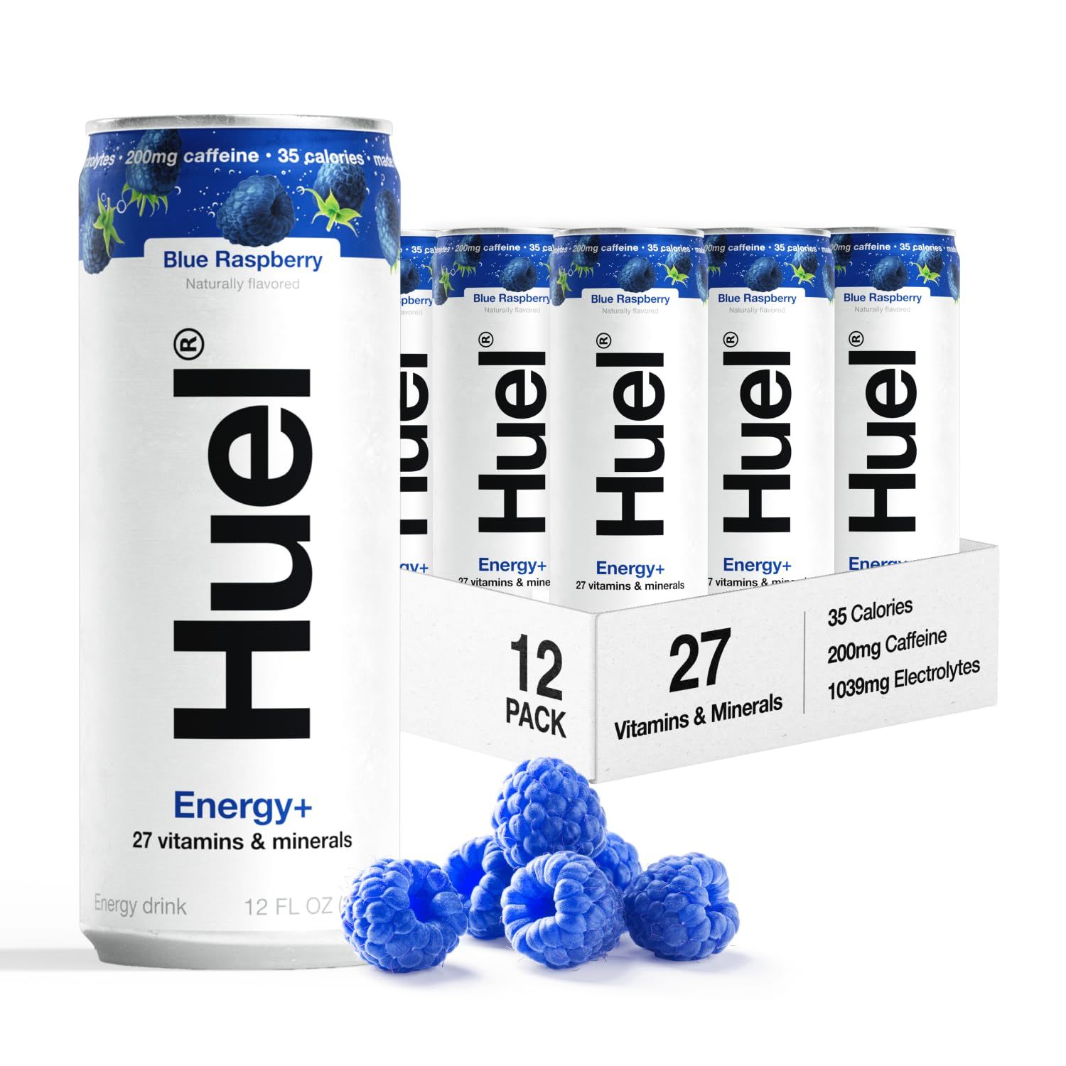 Huel Energy Blue Raspberry Energy Drink Refreshing Plant-Based Drink with Real Fruit 200mg of Caffeine and 27 Vitamins Minerals 35 Calories per 12 FL Oz, 12 Pack