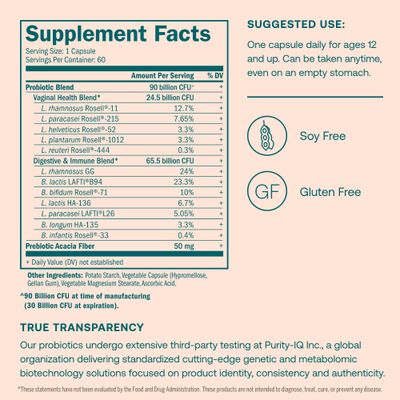 True Grace One Daily Women s Probiotic - 60 Vegetarian Capsules - 90 Billion CFU - Digestive, Vaginal Immune Health - Gluten Soy Free - 60 Servings
