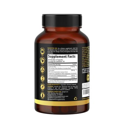 Earth Elixir 4-in-1 Berberine Supplement 1160mg (180 Caps) w 180mg COQ10, 380mg Resveratrol 120mg of Ceylon Cinnamon -3rd Party Tested- Berberine wCeylon Cinnamon Supplements -Max Purity- CO Q 10