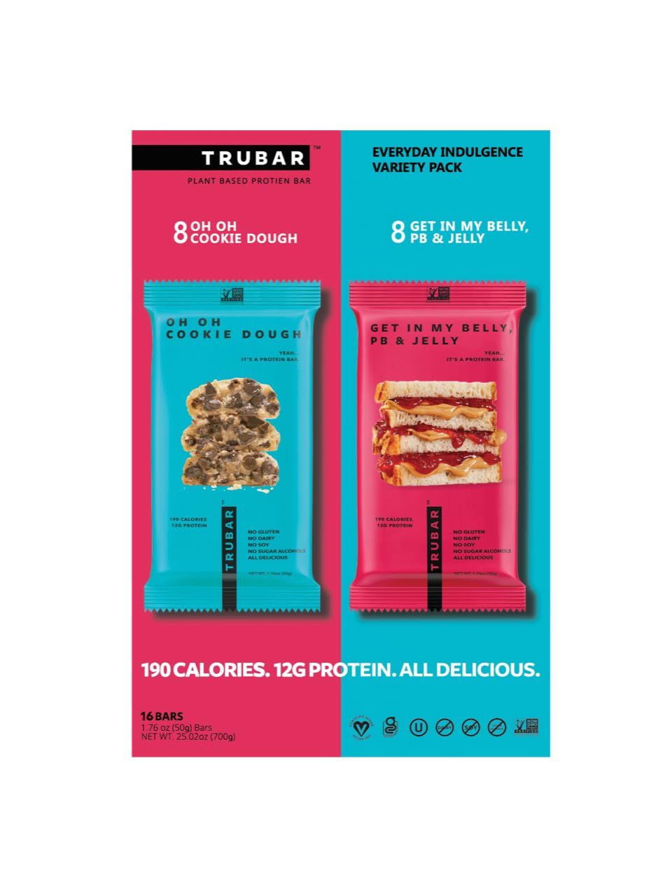 TRUBAR Vegan Protein Bar, Cookie DoughPBJ Pack, Gluten Free, Plant Based, High Fiber, Dairy Free, Low Fat, Non GMO, 12G Lean Protein, 23-24G Carb,16 CT