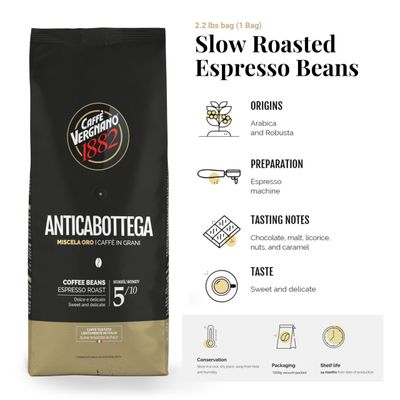 Caffe Vergnano 1882 Antica Bottega Whole Bean Arabica Medium Roast Espresso, 2.2 lbs Bag - Italian Coffee Beans with notes of Chocolate, Nuts Caramel, Intensity 510-1000g Bag