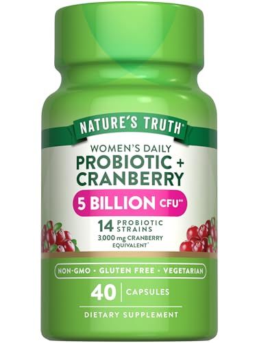 Nature&#39;s Truth Probiotics for Women 5 Billion CFUs Daily 40 Vegetarian Capsules with Cranberry Non-GMO Gluten Free No Refrigeration Needed