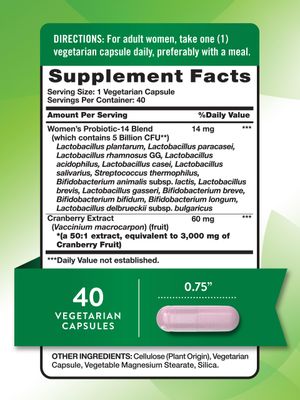 Nature's Truth Probiotics for Women 5 Billion CFUs Daily 40 Vegetarian Capsules with Cranberry Non-GMO Gluten Free No Refrigeration Needed