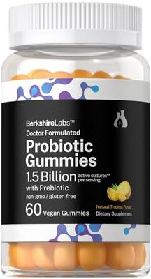 Horb ach Probiotic Gummies 60 Count 1.5 Billion with Prebiotic Adult Supplement for Women and Men Doctor Formulated Tropical Flavor Vegan, Non-GMO, and Gluten Free Berkshire Labs