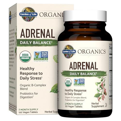 Garden of Life Organics Adrenal Daily Balance, Adaptogenic Herbs Ashwagandha, Holy Basil, B Complex Probiotics, Organic Non-GMO, Vegan, Gluten Free Supplement, Two Month Supply, 120 Tablets