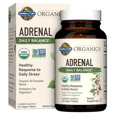 Garden of Life Organics Adrenal Daily Balance, Adaptogenic Herbs Ashwagandha, Holy Basil, B Complex Probiotics, Organic Non-GMO, Vegan, Gluten Free Supplement, Two Month Supply, 120 Tablets