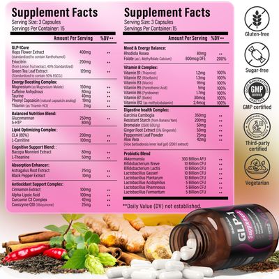 GLP-1 Alternative Supplement, Natural Extracts with Hops, Green Tea Extract, Garcinia Cambogia, Multivitamins, Probiotics, for Gut, GLP-1 Activate Overall Health - 45 Capsules (15 Servings)