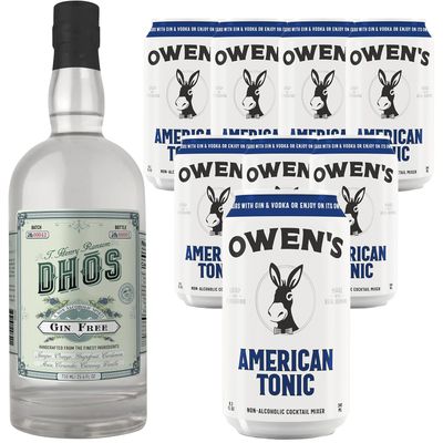 Dh s Handcrafted Non-Alcoholic Gin 750 ML Bottles w Pack Owen s Mixers Tonic 8.2 OZ Cans - Perfect for Mocktails - Made in USA