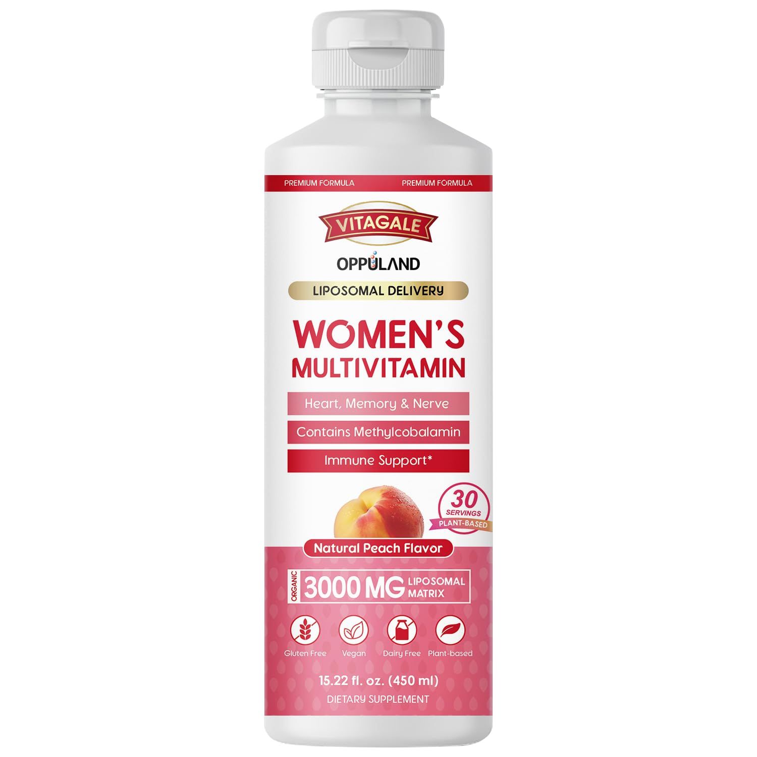 oppuland - Women&#39;s Liquid Multivitamin - Plant-Based Daily Multivitamins - 3000mg Liposomal Matrix - with Biotin, Magnesium, Omega-3 9, B Complex, Vitamin A D3 C - 30 Servings - 450 mL