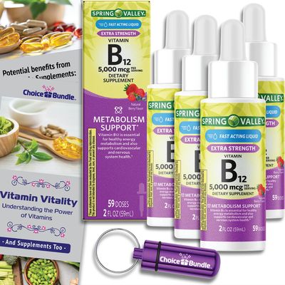Choice Bundle Spring Valley Liquid Vitamin B12 5000 mcg Metabolism Dietary Supplement Berry 2 fl oz 4 pk (8 oz Total) Vitamin Guide and Pill Container (6 Items)!