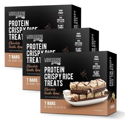 Protein Crispy Rice Treats, 15g Protein, 3g-7g Net Carbs, Low Carb, Fluffy, Soft, Chewy, Gluten Free, High Fiber, Keto-Friendly, No Aftertaste (Chocolate Vanilla Remix, 3 Pack)