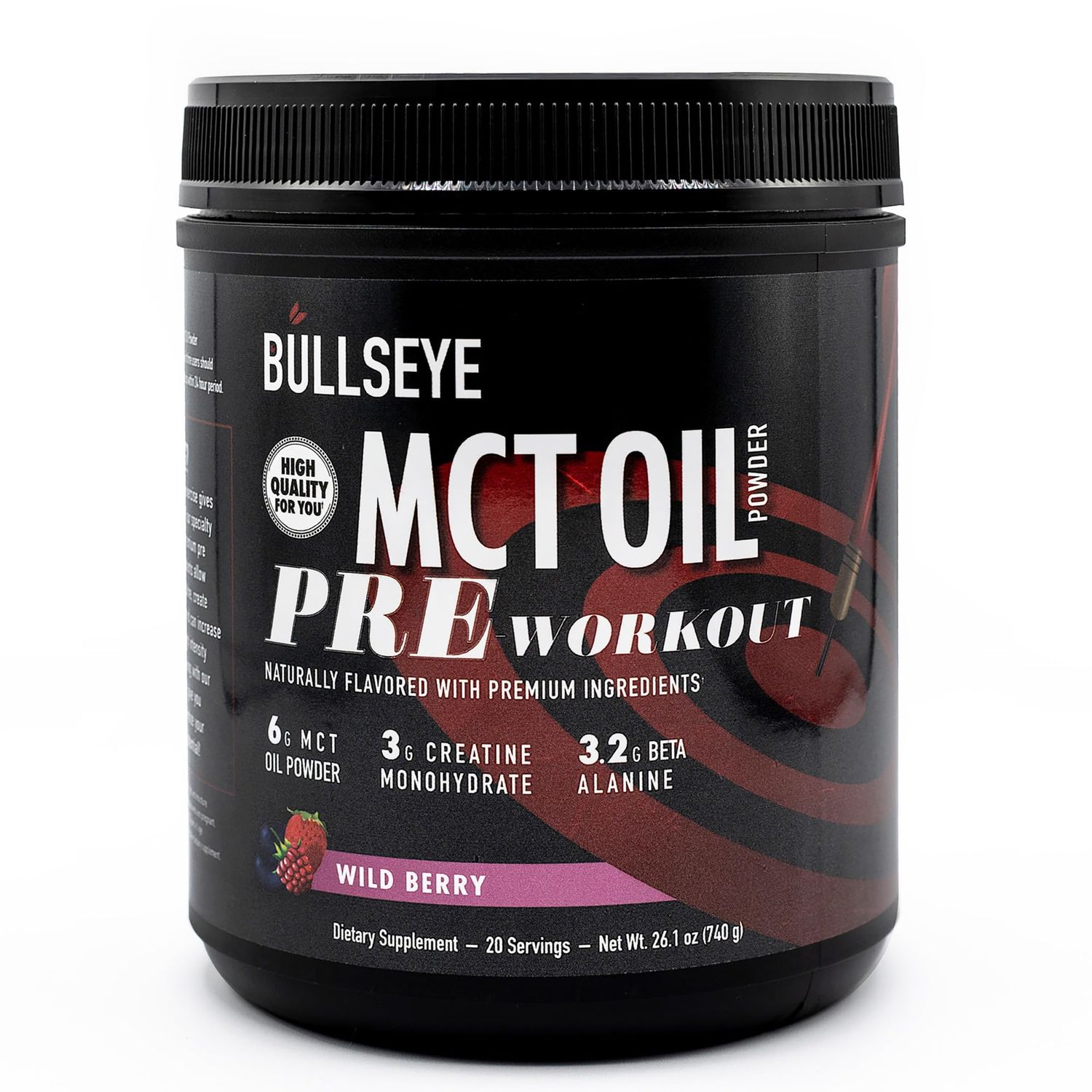 Bullseye MCT Oil Pre Workout Supplement - Creatine Monohydrate, Medium Chain Triglycerides, Beta Alanine, Caffeine, L-Citrulline, Muscle Gainer, Focus, Endurance, Energy -20 Servings - Wild Berry