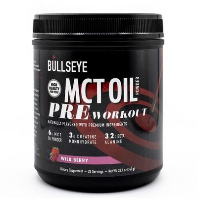 Bullseye MCT Oil Pre Workout Supplement - Creatine Monohydrate, Medium Chain Triglycerides, Beta Alanine, Caffeine, L-Citrulline, Muscle Gainer, Focus, Endurance, Energy -20 Servings - Wild Berry