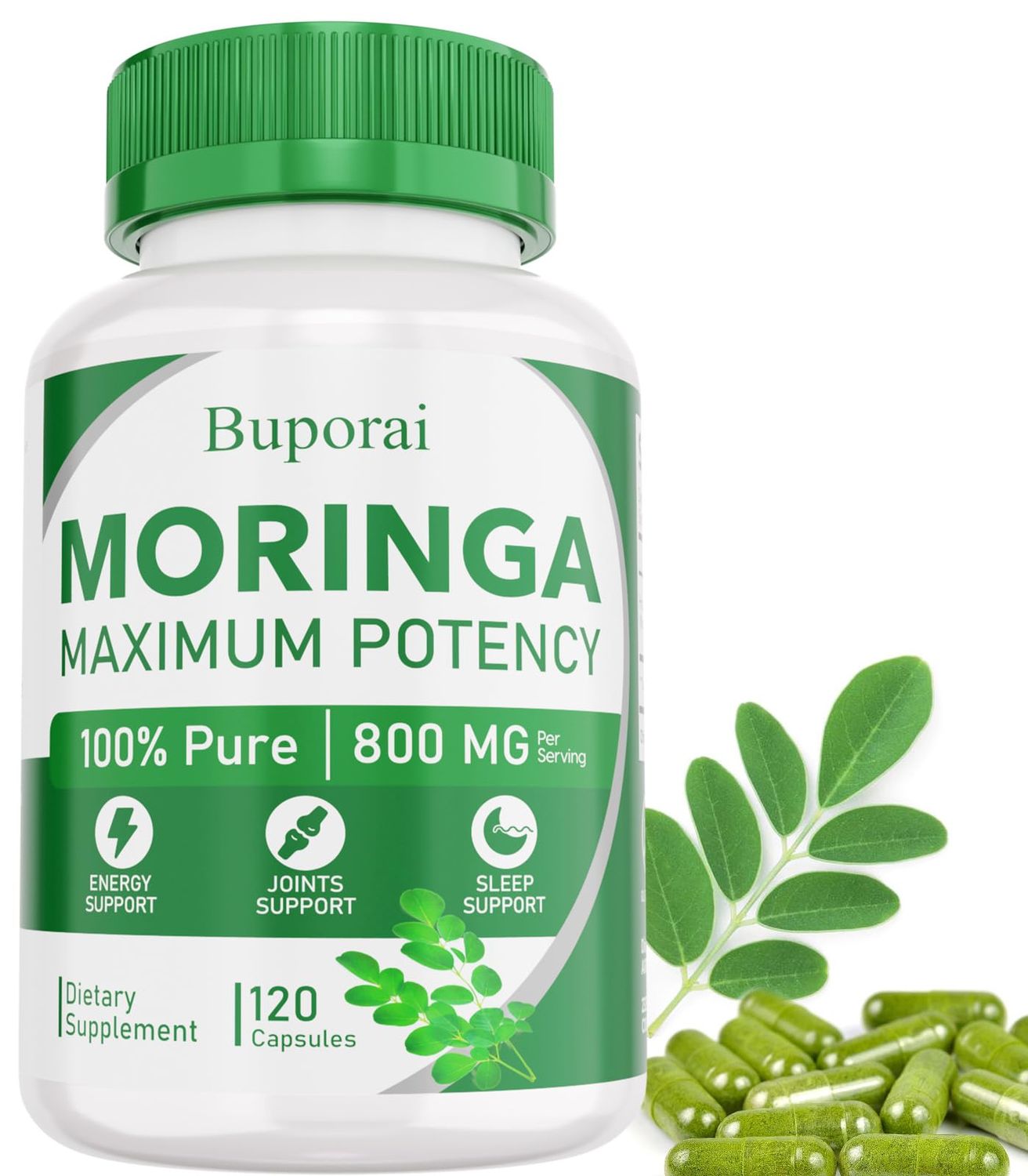 Moringa Capsules, Pure Moringa Powder Organic 800 mg, 120 Vegan, Skin Health,Energy, Immune Support, Non-GMO, Natural Green Antioxidant