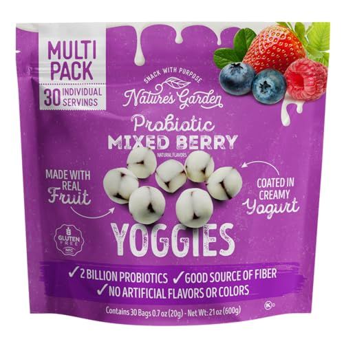 Nature&#39;s Garden Probiotic Mixed Berry Yoggies, 21oz (30 x 0.7oz) - Yogurt Covered Fruit Snack, High Fiber, Real Fruit Pieces, Healthy Fruit Snack Packs