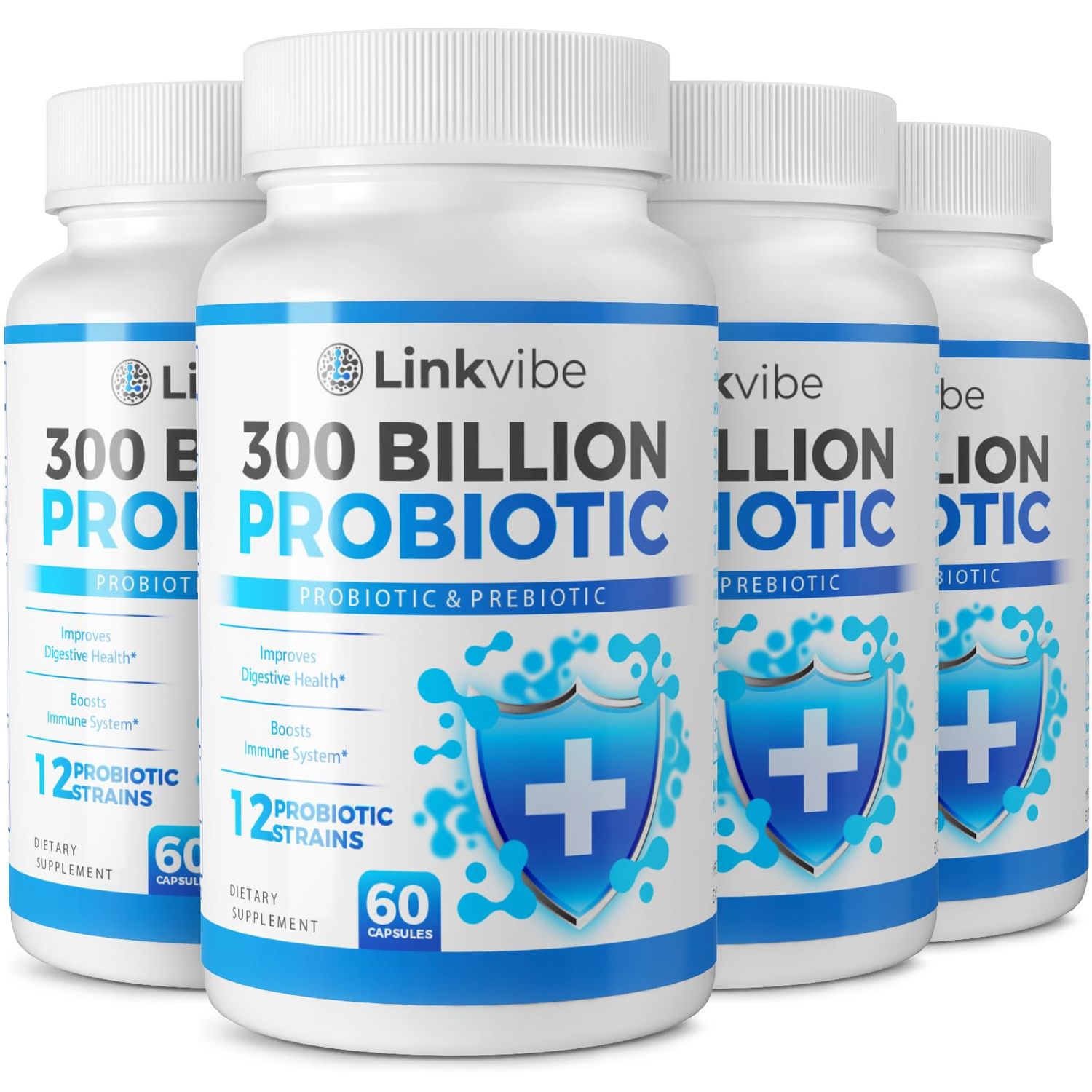 Linkvibe Probiotic 300 Billion CFU - 12 Strains with Organic Prebiotics for Digestive Gut, Immune, Bloating Health - Probiotics for Women and Men - Daily Dairy Free, Shelf Stable - 240 Counts