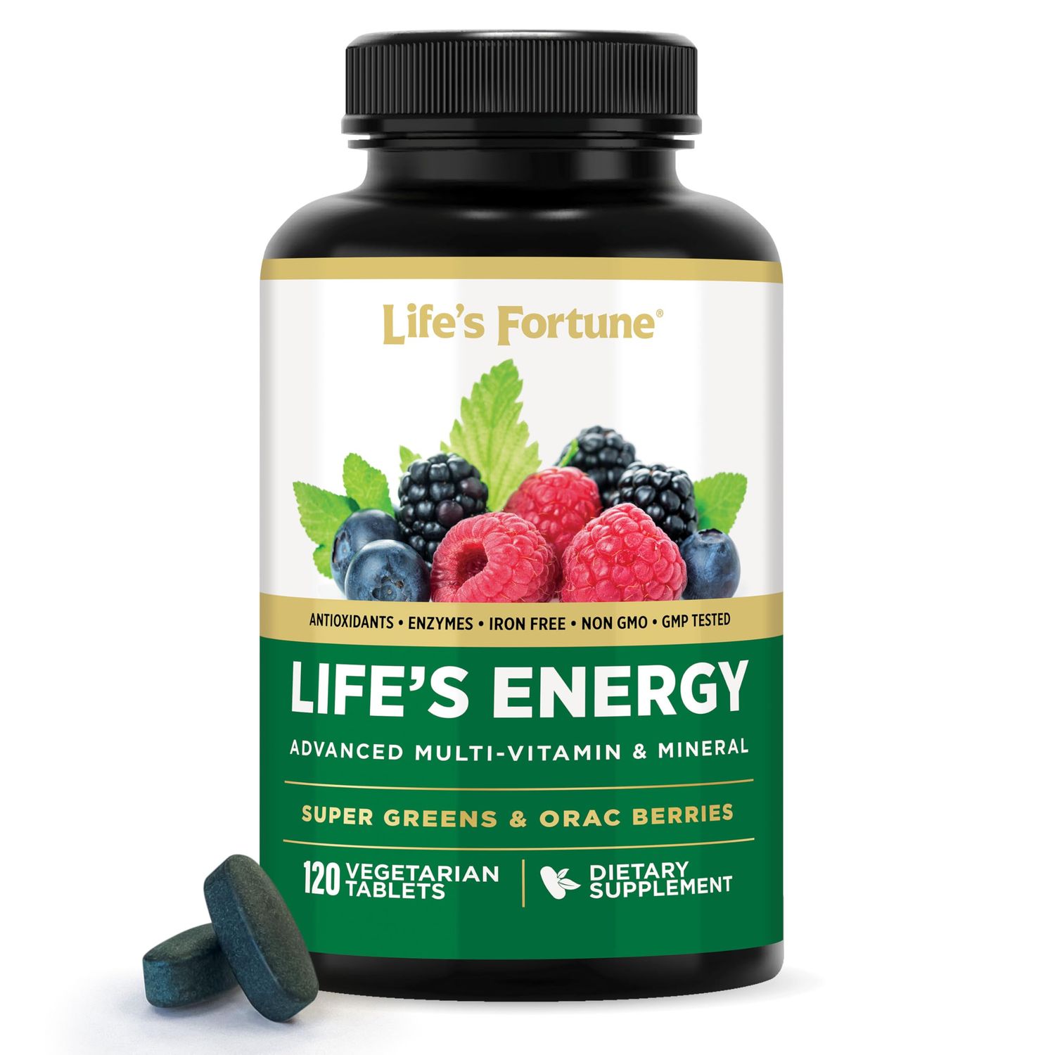 Life&#39;s Fortune Life&#39;s Energy Advanced Multi-Vitamin and Mineral for Men Women, Non-GMO - Super Greens - ORAC Berries - AntiOxidants - Enzymes - Iron Free - GMP Tested, 120 Veggie Tablets