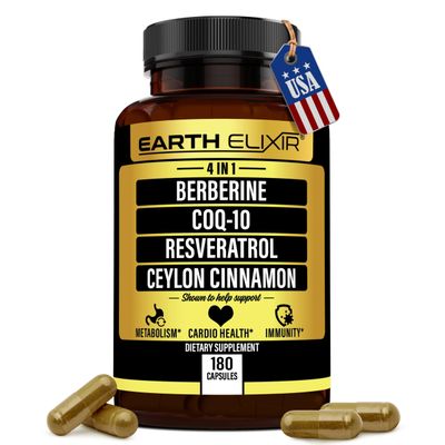 Earth Elixir 4-in-1 Berberine Supplement 1160mg (180 Caps) w 180mg COQ10, 380mg Resveratrol 120mg of Ceylon Cinnamon -3rd Party Tested- Berberine wCeylon Cinnamon Supplements -Max Purity- CO Q 10