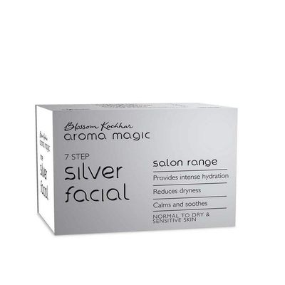 Aroma Magic Silver Facial Kit 7 Step Facial with Cleanser, Enzyme Gel, Serum, Protein, Sheen Gel Face Pack Hydrates Soothes Dry Skin Salon-Like Glow at Home Multi Use Pack