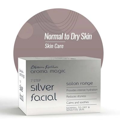 Aroma Magic Silver Facial Kit 7 Step Facial with Cleanser, Enzyme Gel, Serum, Protein, Sheen Gel Face Pack Hydrates Soothes Dry Skin Salon-Like Glow at Home Multi Use Pack