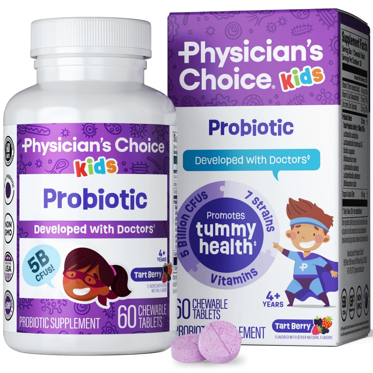 Physician&#39;s CHOICE Probiotics for Kids - 7 Diverse Strains, Organic Prebiotics, Vitamins Minerals - Clinically Studied L. Rhamnosus - Immune Digestive Support - No Sugar or Artificial Dyes - 60ct
