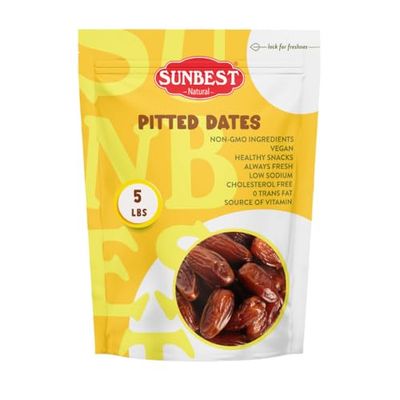 Sunbest Natural Deglet Noor Dates - 5 lb Bulk Bag (80 oz) - Sun-Dried, Pitted, Naturally Sweet Chewy - Non-GMO, Vegan, Kosher, No Sugar Added - Ideal for Snacking Recipes