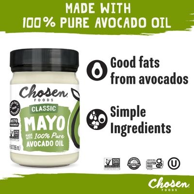 Chosen Foods 100 Avocado Oil-Based Classic Mayonnaise, Gluten Dairy Free, Low-Carb, Keto Paleo Diet Friendly, Mayo for Sandwiches, Dressings and Sauces, Made with Cage Free Eggs (12 fl oz)