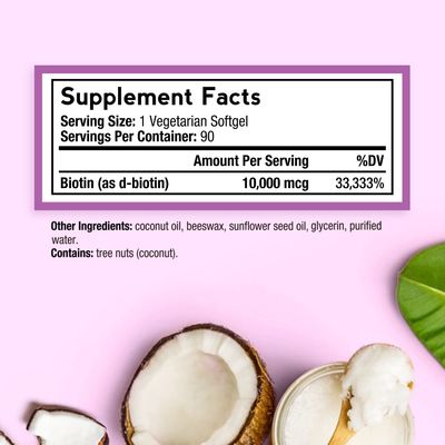 Doctor's Recipes Biotin 10,000 mcg, Hair Growth, Healthy Skin Nails, Energy Metabolism, Vegetarian-Friendly Biotin, with Coconut Oil, Non-GMO, 3 Month Supply, 90 Vegetarian Softgels