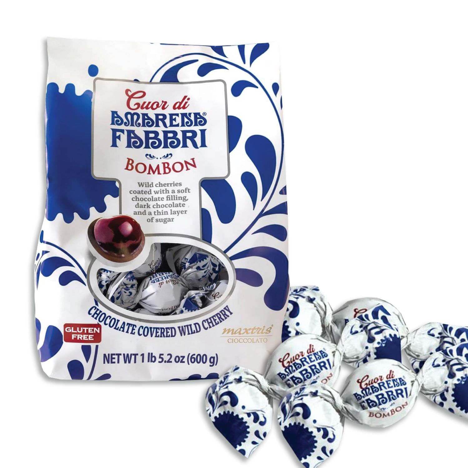 PV Chocolate Bombons, chocolate covered cherries, individually wrapped, Made in Italy, bag of 600g