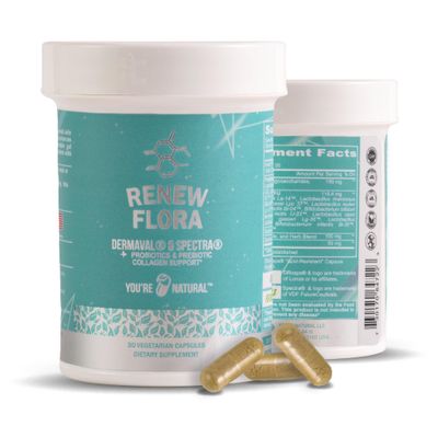 Renew Flora - Advanced Collagen Skin Support - Antioxidant Plus Digestive enzymes and Gut Support for Women Men with Clinical Studies - Lactobacillus and 12 Registered probiotics - 30 Day Supply
