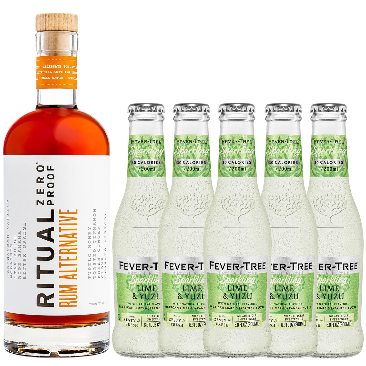 Ritual Zero Non-Alcoholic Rum Alternative with 5 Pack of Fever Tree Lime Yuzu for your favorite Alcohol-Free Mixed Drink