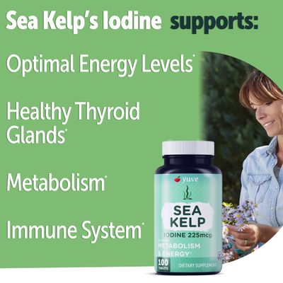 Thyroid Support for Women, Iodine Supplements for Thyroid, 225mg - Natural Metabolism Energy, Organic Seaweed from North Atlantic Ocean, Plant-Based, Non-GMO - 100 Tablets