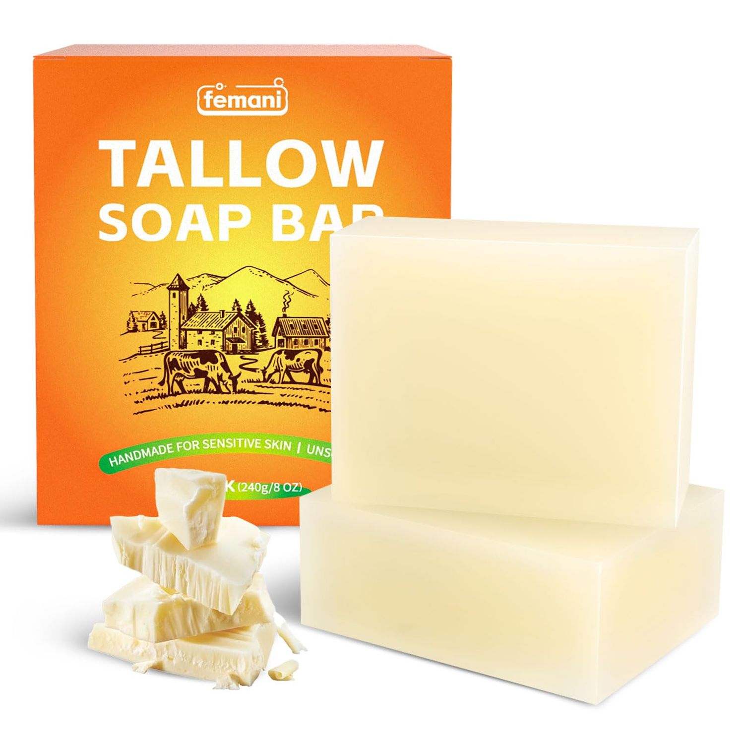 Beef Tallow Soap Bar - (2 Packs) All Natural and Organic Grass Fed Tallow Soap Unscented - Moisturizes, Soothes, Hydrates Face Body Wash Great for Itchy, Dry, Sensitive Skin, Handcrafted Bath Soap