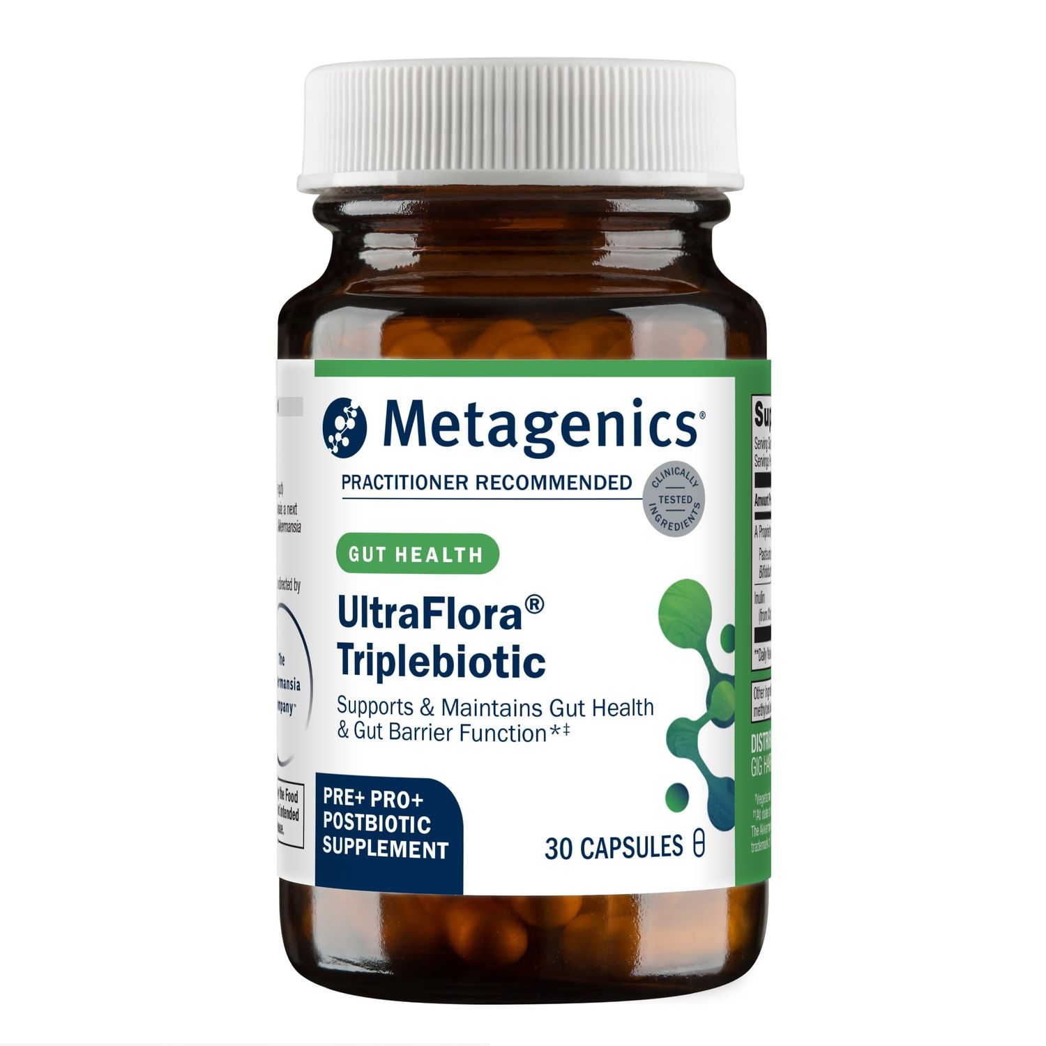 Metagenics UltraFlora Triplebiotic with Akkermansia- Digestive Supplement for Gut Health Gut Barrier Function - Contains Prebiotic, Probiotic Postbiotic - 30 Capsules