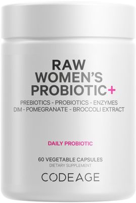 Codeage Raw Women s Probiotic Supplement - 34 Probiotic Strains, 100 Billion CFUs, Digestive Enzymes, Prebiotic Blend, DIM, Herbal Extracts, Phytonutrients - Non-GMO - 30 Capsules