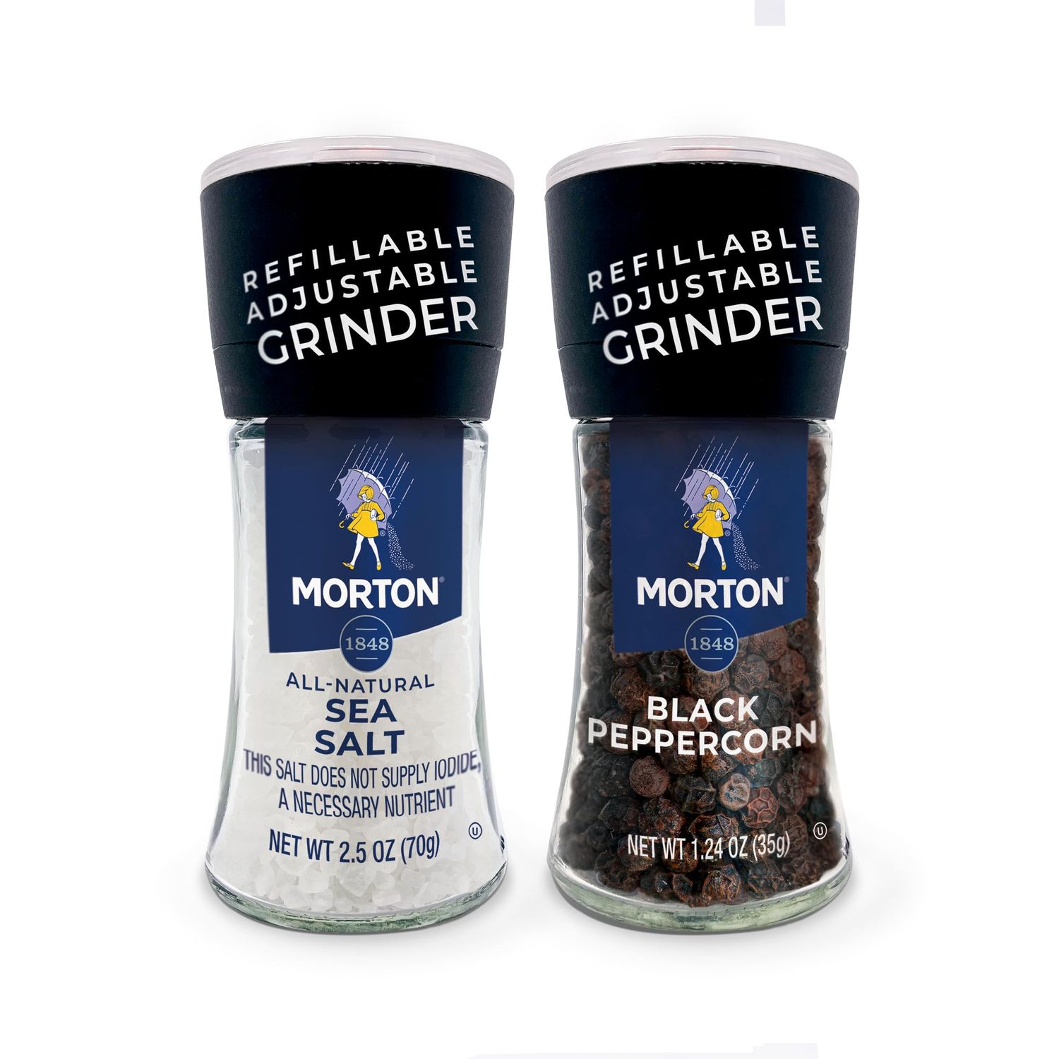 Morton Grinder Set - Sea Salt (2.5 oz) Black Peppercorn (1.25 oz), Adjustable Refillable, Ideal for Cooking, Seasoning, and Finishing, 2-Pack