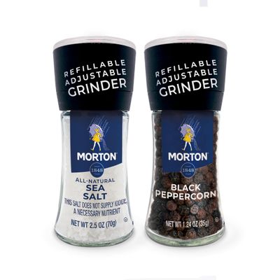 Morton Grinder Set - Sea Salt (2.5 oz) Black Peppercorn (1.25 oz), Adjustable Refillable, Ideal for Cooking, Seasoning, and Finishing, 2-Pack