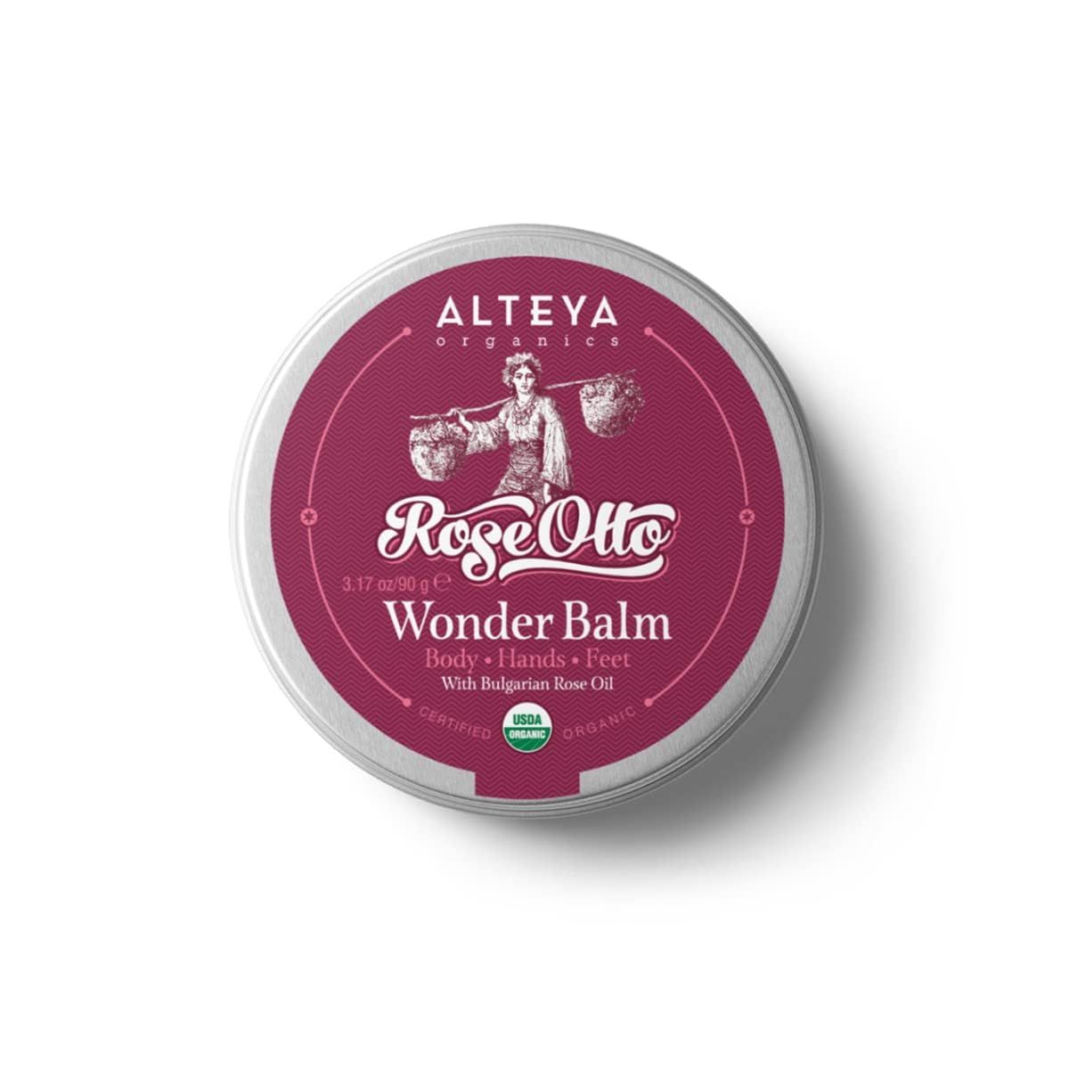 Alteya Organics Wonder Balm Rose 3 Oz90g - USDA Certified Organic Pure Natural Treatment for Body, Hands and Feet - Based Bulgarian Rose Otto Essential Oil