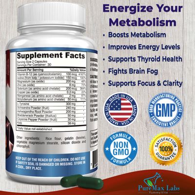 Thyroid Support with Iodine - Metabolism Booster, Energy Booster, Increase Focus - Premium Non-GMO Thyroid Supplement 60 Capsules
