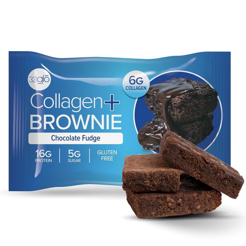 321glo Collagen Protein Brownie Gluten Free, Low Sugar Keto Snack for Women, Men, Kids 16g Protein, 6g Collagen 12 Pack (Chocolate Fudge)
