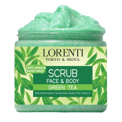Granulated Natural Green Tea Scrub for Face and Body Cleanses and Anti-aging Skin Peeling Exfoliating with Jojoba Oil and Vitamin E (Green Tea)