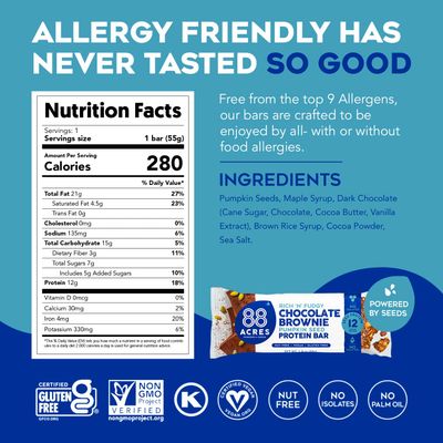 88 Acres Vegan Seed Protein Bar 12g Plant Based Protein Per Bar, Gluten Free, Nut Free, Non GMO, School Safe, No Palm Oil 9 Pack, 1.9 oz (Dark Chocolate Brownie)