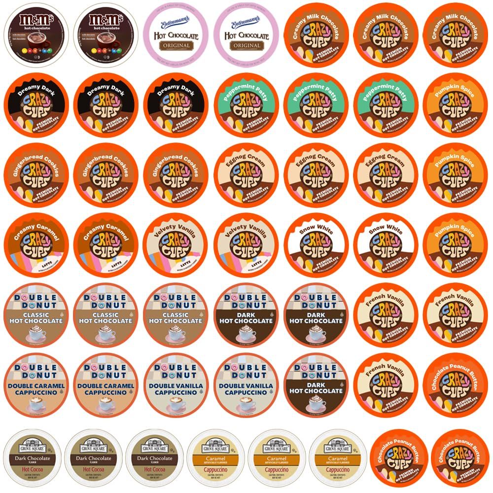Hot Chocolate and Cappuccino Single Serve Cups, Variety Pack Sampler For Keurig K Cup Brewers, includes Hot Cocoa from Grove Square and Crazy Cups, 50 Count