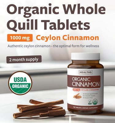 USDA Organic Ceylon Cinnamon (120 Tablets) 1000mg Cinnamon Quill Powder per Serving - Natural Cinnamon Supplements for Effective Metabolism, Cognative, Joint, Immune Support - (No Capsules or Pills)