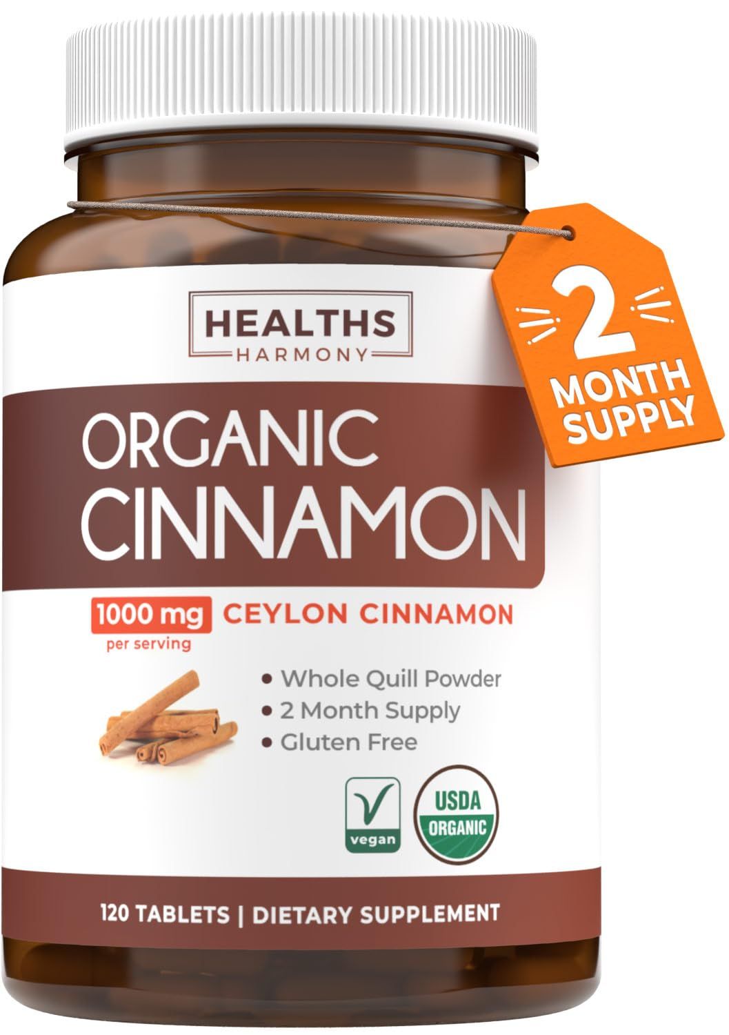 USDA Organic Ceylon Cinnamon (120 Tablets) 1000mg Cinnamon Quill Powder per Serving - Natural Cinnamon Supplements for Effective Metabolism, Cognative, Joint, Immune Support - (No Capsules or Pills)
