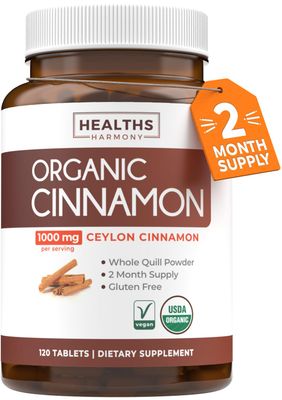 USDA Organic Ceylon Cinnamon (120 Tablets) 1000mg Cinnamon Quill Powder per Serving - Natural Cinnamon Supplements for Effective Metabolism, Cognative, Joint, Immune Support - (No Capsules or Pills)