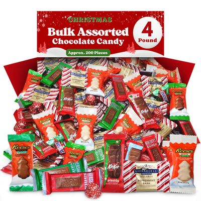 Bulk Christmas Candy Chocolate Variety Pack - 4 Pound Approx. 200 Pieces Milk Chocolate Holiday Mix For Parties, Stocking Stuffers, Snacks Treats Special Holiday Themed Candy
