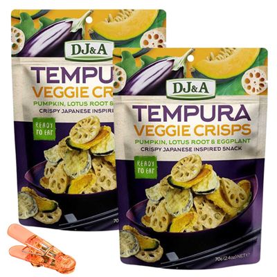 Tem.pura Veggie Crisps, Pumpkin, Lotus Root Eggplant, Japanese Inspired Snack, 2.4 oz, Pack of 2 with Free Bag Clip