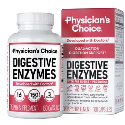 Physician&#39;s CHOICE Digestive Enzymes - Multi Enzymes, Organic Prebiotics Probiotics for Digestive Health Gut Health - Meal Time Discomfort Relief Bloating - Dual Action Approach - 180 CT